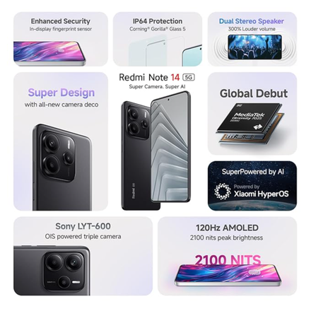 Redmi Note 14 5G (Titan Black, 6GB RAM 128GB Storage) | Global Debut MTK Dimensity 7025 Ultra | 2100 nits Segment Brightest 120Hz AMOLED | 50MP Sony LYT 600 OIS+EIS Triple Camera - Image 2